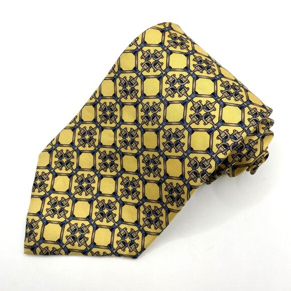 Claybrooke Men Pure Silk Tie Necktie Horseshoe Octagons Yellow Navy Barn Wedding